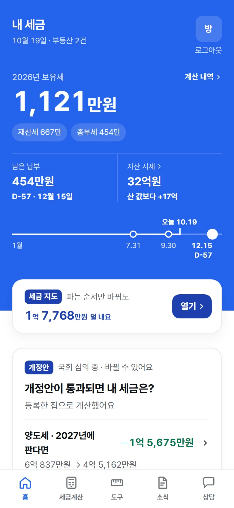 택스맵 홈 화면: 올해 보유세, 남은 세금, 내 집 세금 지도