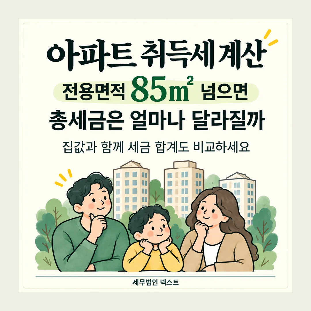 아파트 취득세 계산 전용면적 85㎡ 넘으면 총세금은 얼마나 달라질까 집값과 함께 세금 합계도 비교하세요 세무법인 넥스트