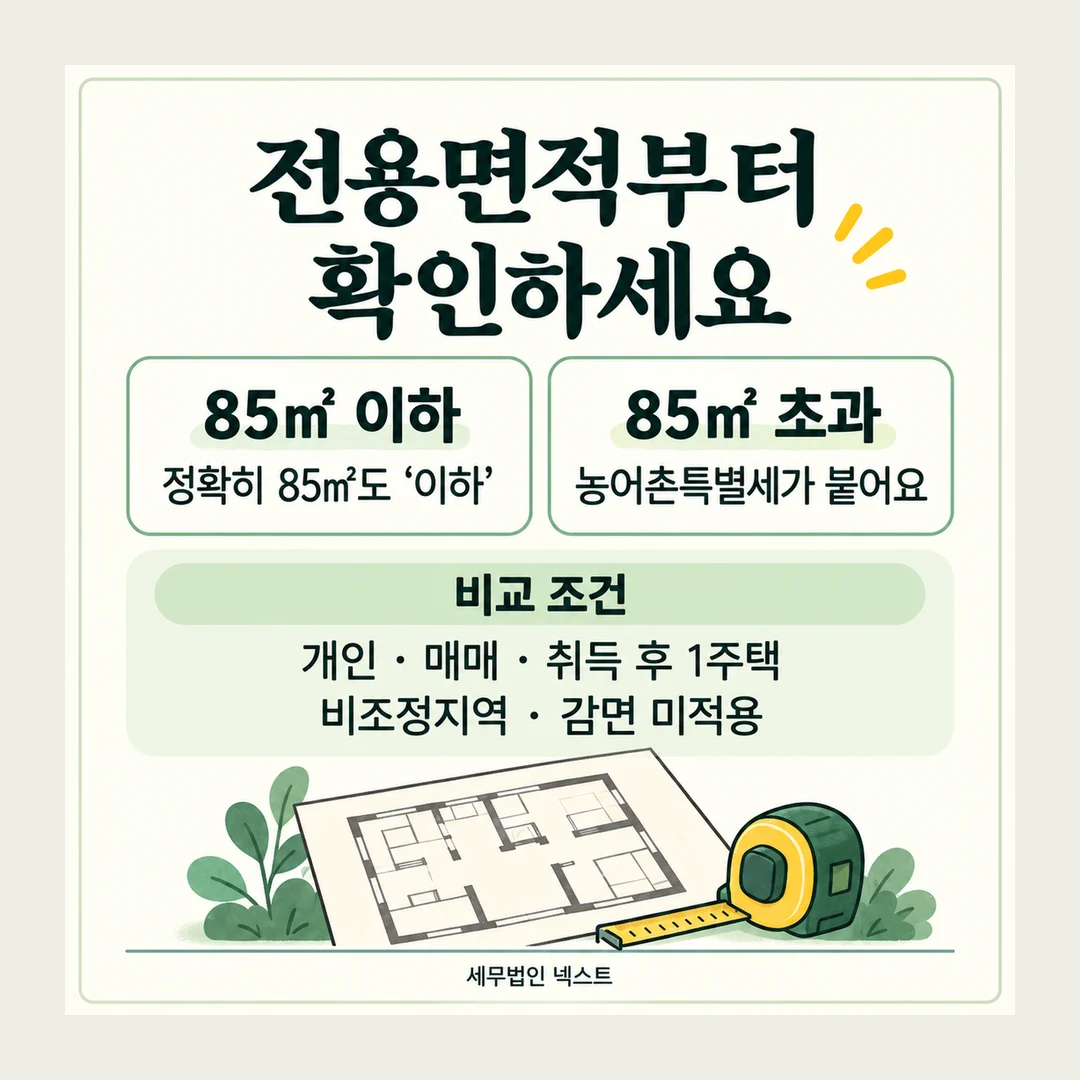 전용면적부터 확인하세요 85㎡ 이하 정확히 85㎡도 ‘이하’ 85㎡ 초과 농어촌특별세가 붙어요 비교 조건 개인 · 매매 · 취득 후 1주택 비조정지역 · 감면 미적용 세무법인 넥스트