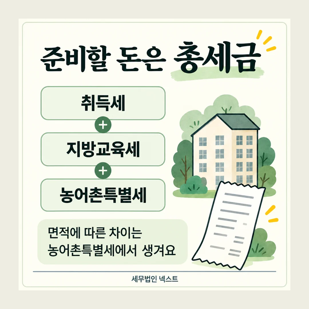 준비할 돈은 총세금 취득세 + 지방교육세 + 농어촌특별세 면적에 따른 차이는 농어촌특별세에서 생겨요 세무법인 넥스트