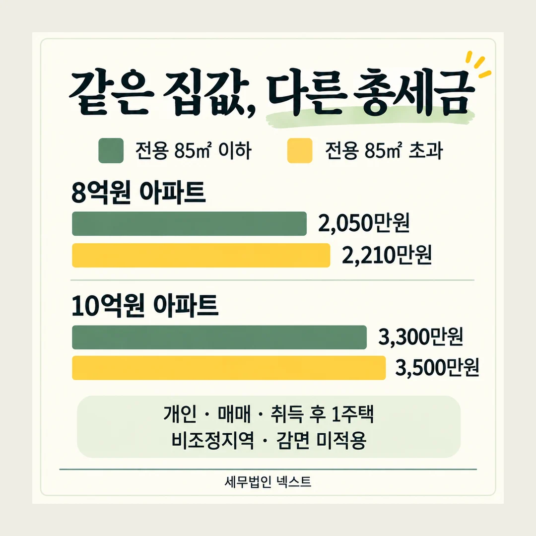 같은 집값, 다른 총세금 전용 85㎡ 이하 전용 85㎡ 초과 8억원 아파트 2,050만원 2,210만원 10억원 아파트 3,300만원 3,500만원 개인 · 매매 · 취득 후 1주택 비조정지역 · 감면 미적용 세무법인 넥스트