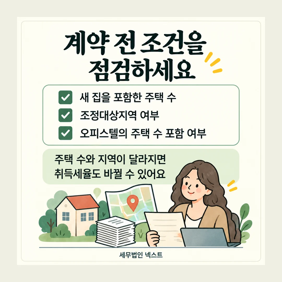 계약 전 조건을 점검하세요 새 집을 포함한 주택 수 조정대상지역 여부 오피스텔의 주택 수 포함 여부 주택 수와 지역이 달라지면 취득세율도 바뀔 수 있어요 세무법인 넥스트
