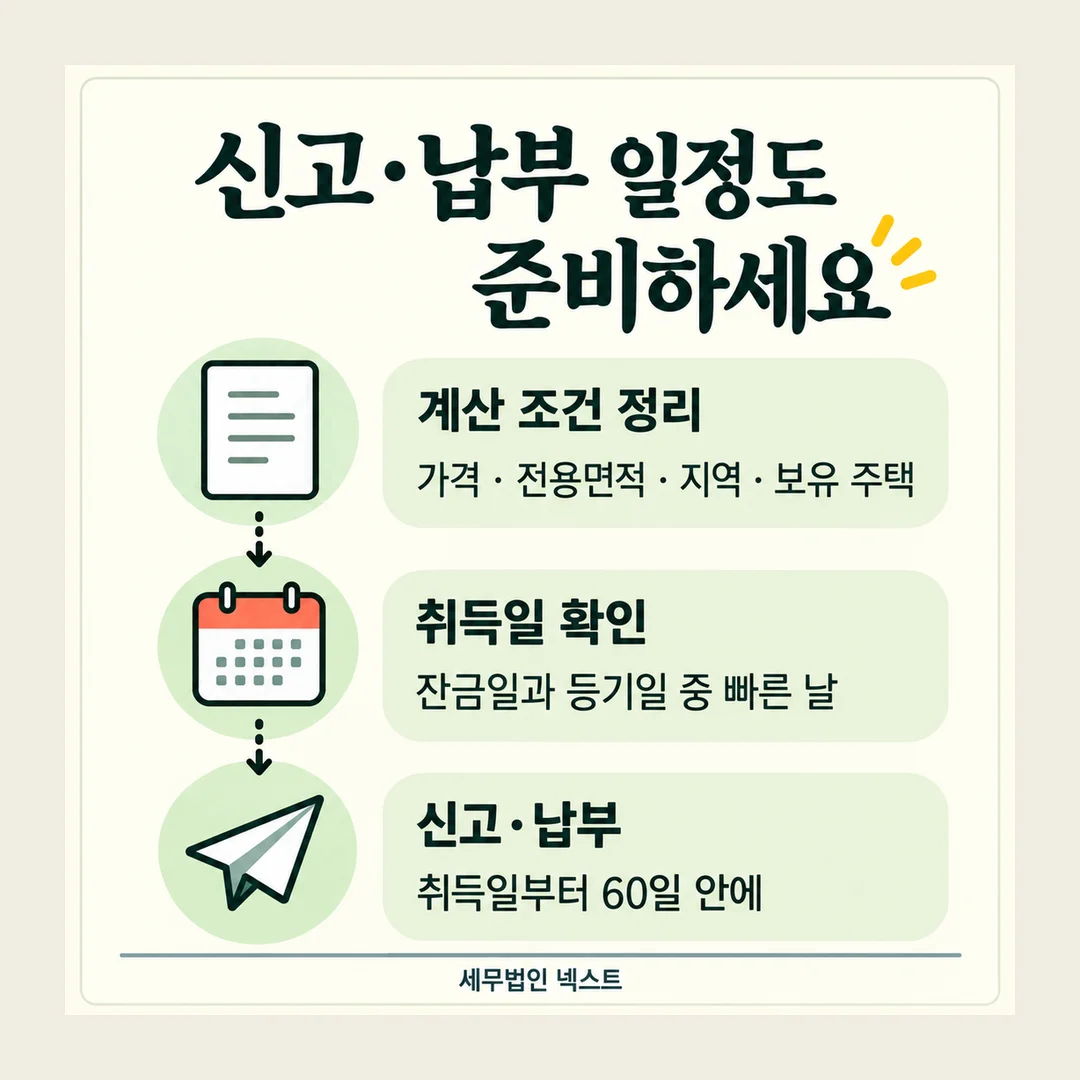 신고·납부 일정도 준비하세요 계산 조건 정리 가격 · 전용면적 · 지역 · 보유 주택 취득일 확인 잔금일과 등기일 중 빠른 날 신고·납부 취득일부터 60일 안에 세무법인 넥스트