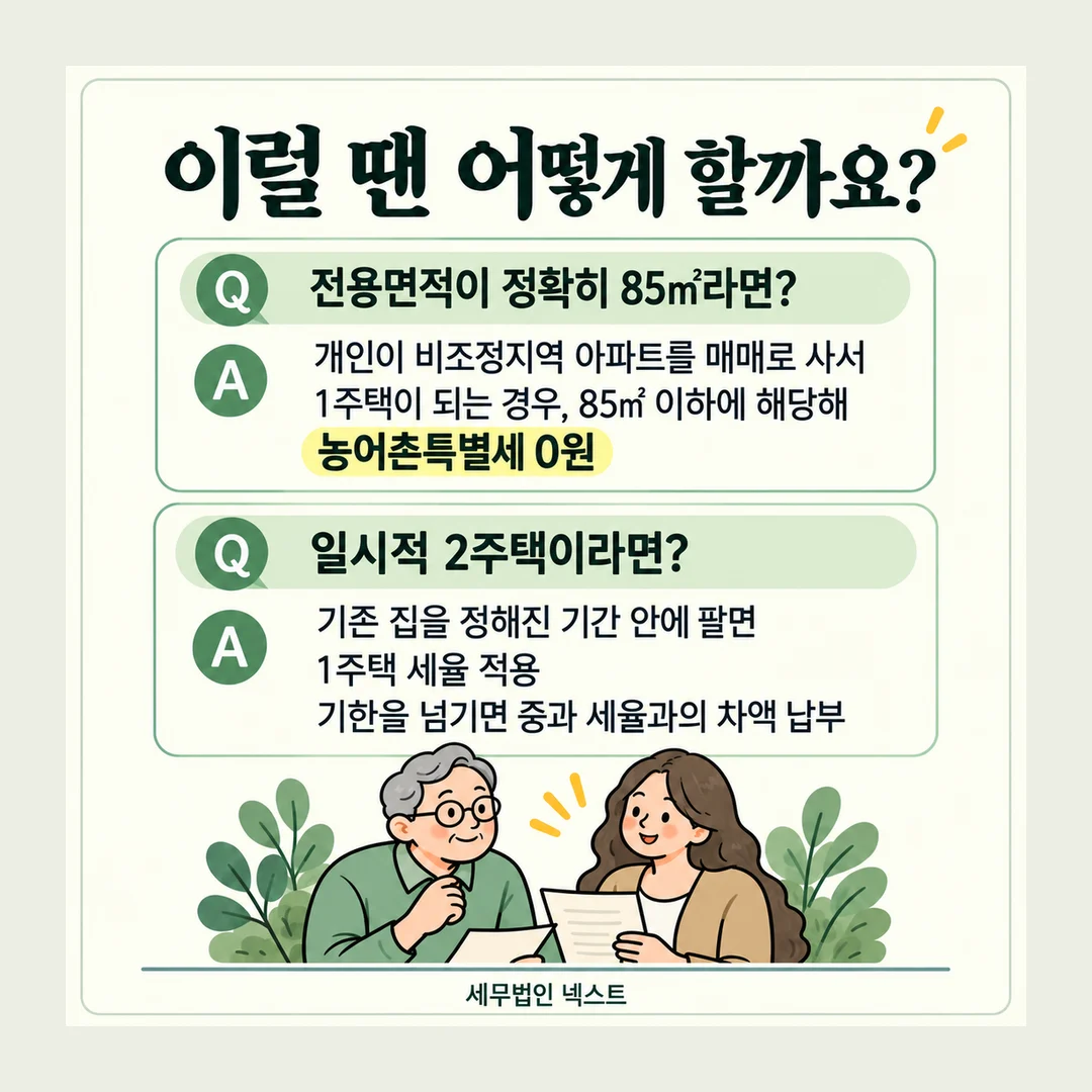 이럴 땐 어떻게 할까요? Q 전용면적이 정확히 85㎡라면? A 개인이 비조정지역 아파트를 매매로 사서 1주택이 되는 경우, 85㎡ 이하에 해당해 농어촌특별세 0원 Q 일시적 2주택이라면? A 기존 집을 정해진 기간 안에 팔면 1주택 세율 적용 기한을 넘기면 중과 세율과의 차액 납부 세무법인 넥스트
