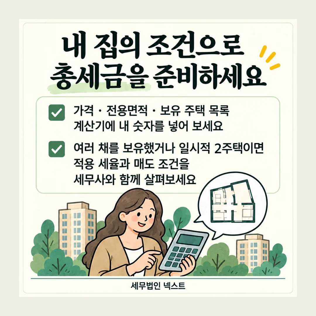 내 집의 조건으로 총세금을 준비하세요 가격 · 전용면적 · 보유 주택 목록 계산기에 내 숫자를 넣어 보세요 여러 채를 보유했거나 일시적 2주택이면 적용 세율과 매도 조건을 세무사와 함께 살펴보세요 세무법인 넥스트