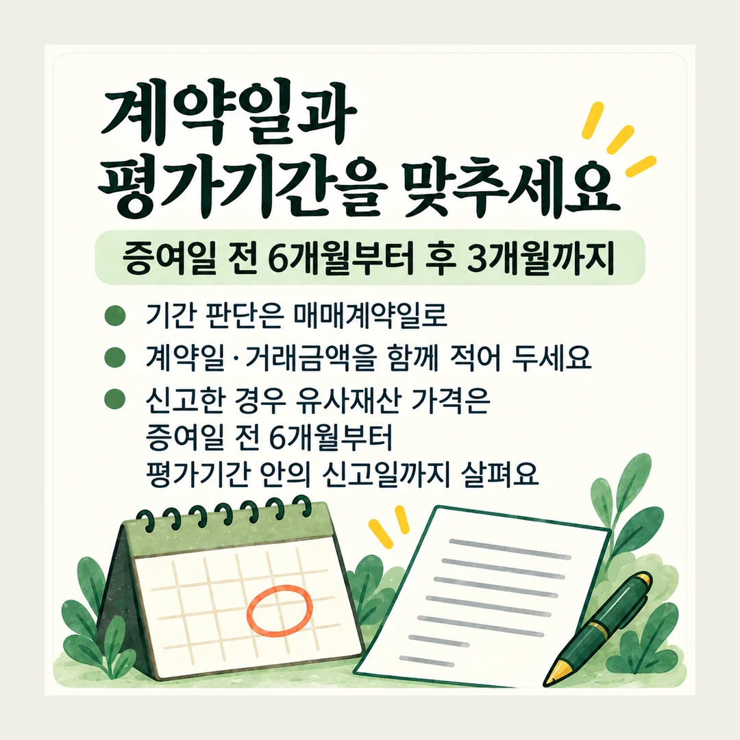 계약일과 평가기간을 맞추세요 증여일 전 6개월부터 후 3개월까지 기간 판단은 매매계약일로 계약일·거래금액을 함께 적어 두세요 신고한 경우 유사재산 가격은 증여일 전 6개월부터 평가기간 안의 신고일까지 살펴요