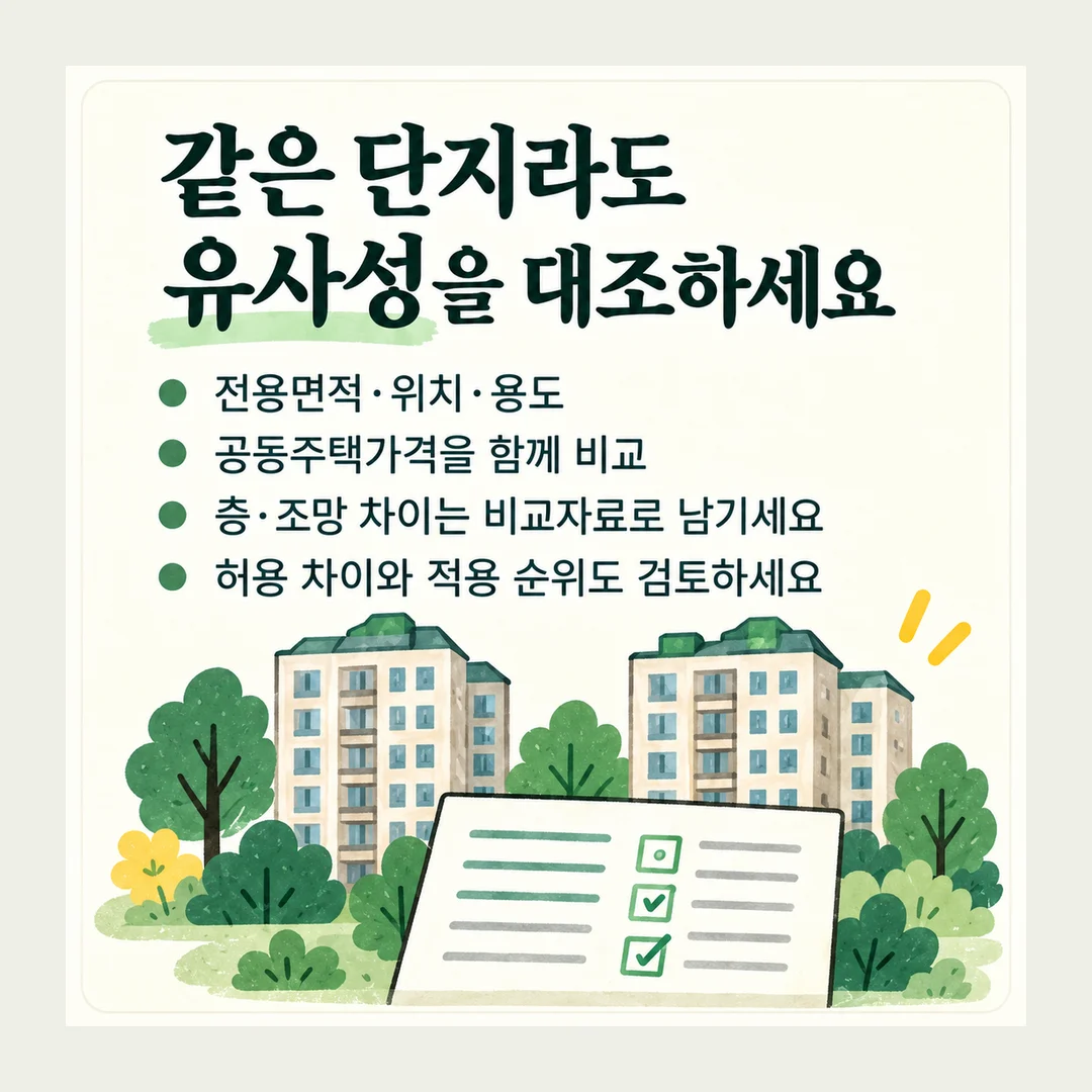 같은 단지라도 유사성을 대조하세요 전용면적·위치·용도 공동주택가격을 함께 비교 층·조망 차이는 비교자료로 남기세요 허용 차이와 적용 순위도 검토하세요