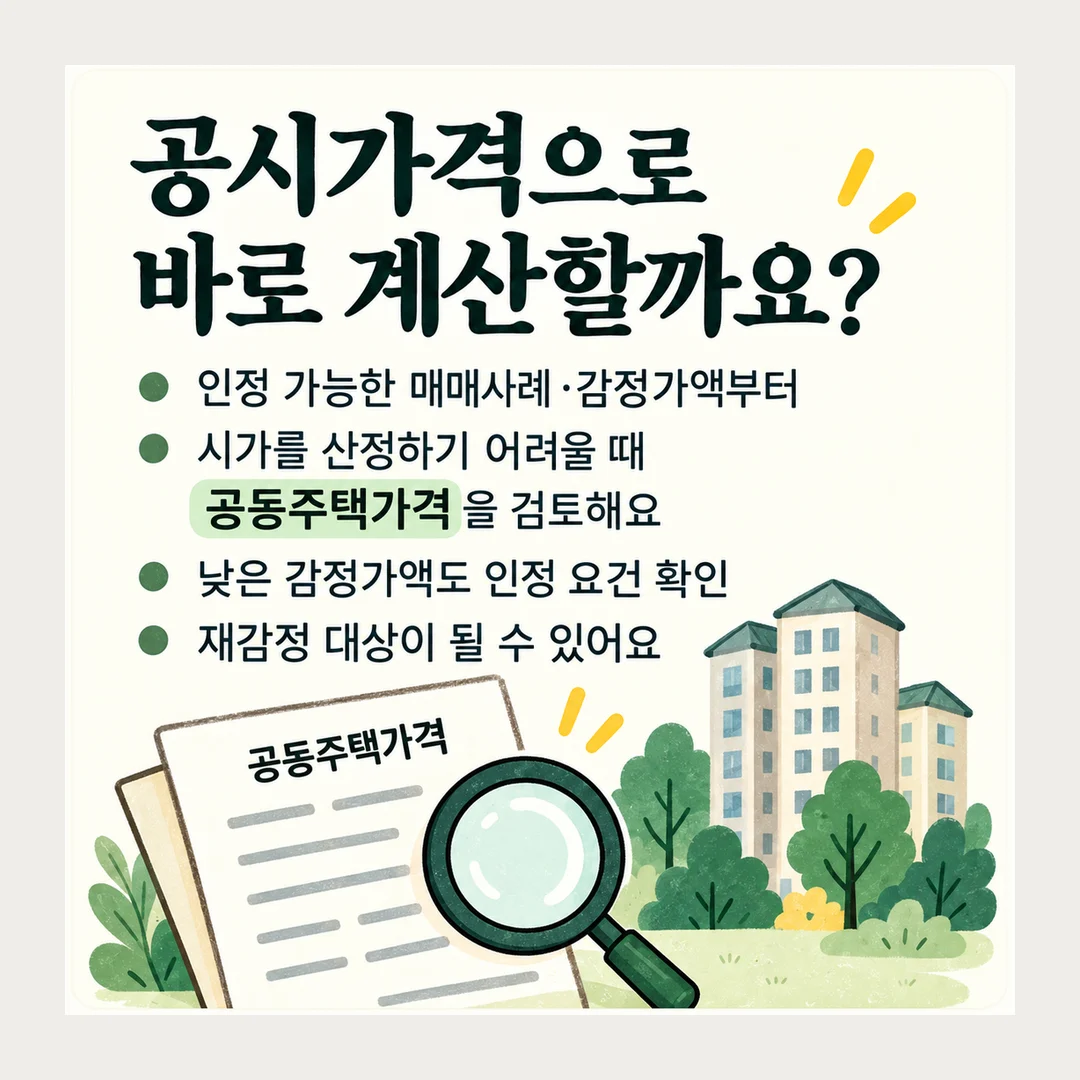 공시가격으로 바로 계산할까요? 인정 가능한 매매사례·감정가액부터 시가를 산정하기 어려울 때 공동주택가격을 검토해요 낮은 감정가액도 인정 요건 확인 재감정 대상이 될 수 있어요 공동주택가격