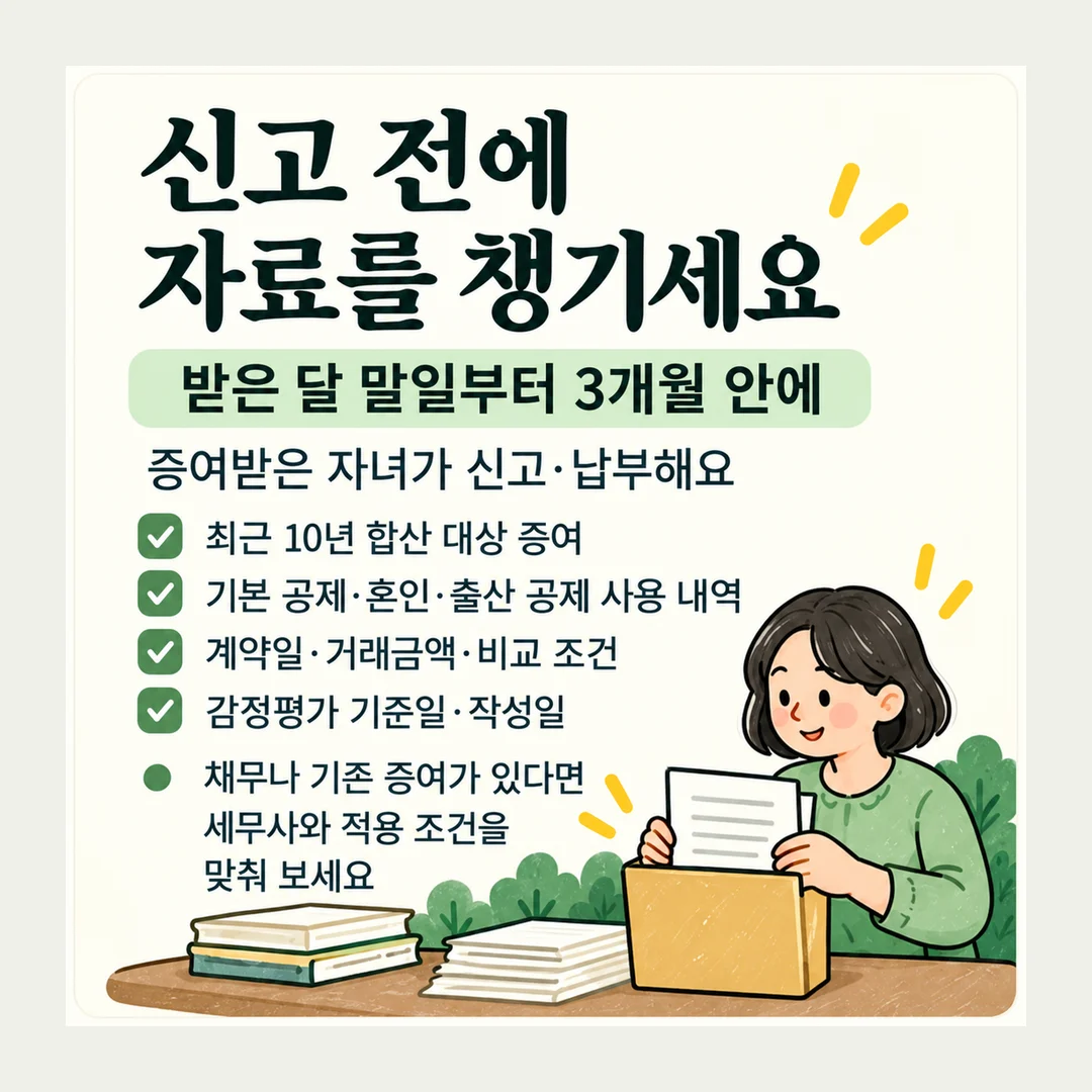 신고 전에 자료를 챙기세요 받은 달 말일부터 3개월 안에 증여받은 자녀가 신고·납부해요 최근 10년 합산 대상 증여 기본 공제·혼인·출산 공제 사용 내역 계약일·거래금액·비교 조건 감정평가 기준일·작성일 채무나 기존 증여가 있다면 세무사와 적용 조건을 맞춰 보세요