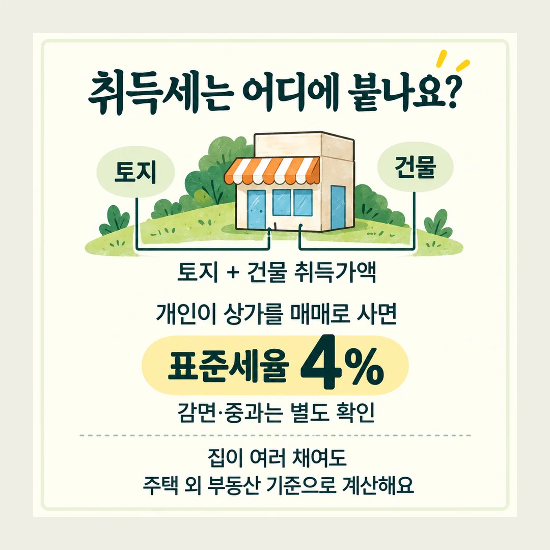 취득세는 어디에 붙나요? 토지 건물 토지 + 건물 취득가액 개인이 상가를 매매로 사면 표준세율 4% 감면·중과는 별도 확인 집이 여러 채여도 주택 외 부동산 기준으로 계산해요