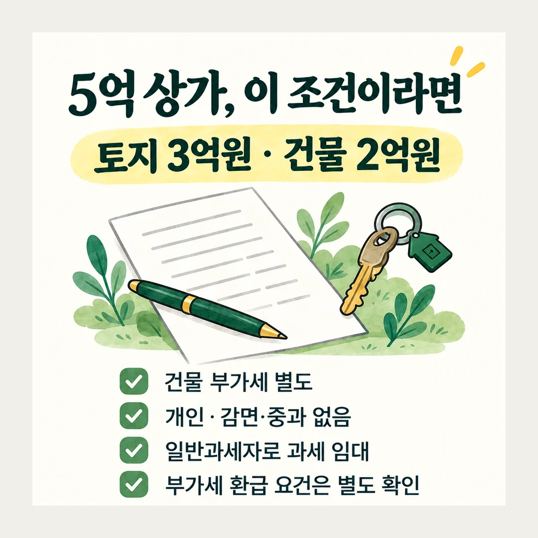 5억 상가, 이 조건이라면 토지 3억원 · 건물 2억원 건물 부가세 별도 개인 · 감면·중과 없음 일반과세자로 과세 임대 부가세 환급 요건은 별도 확인