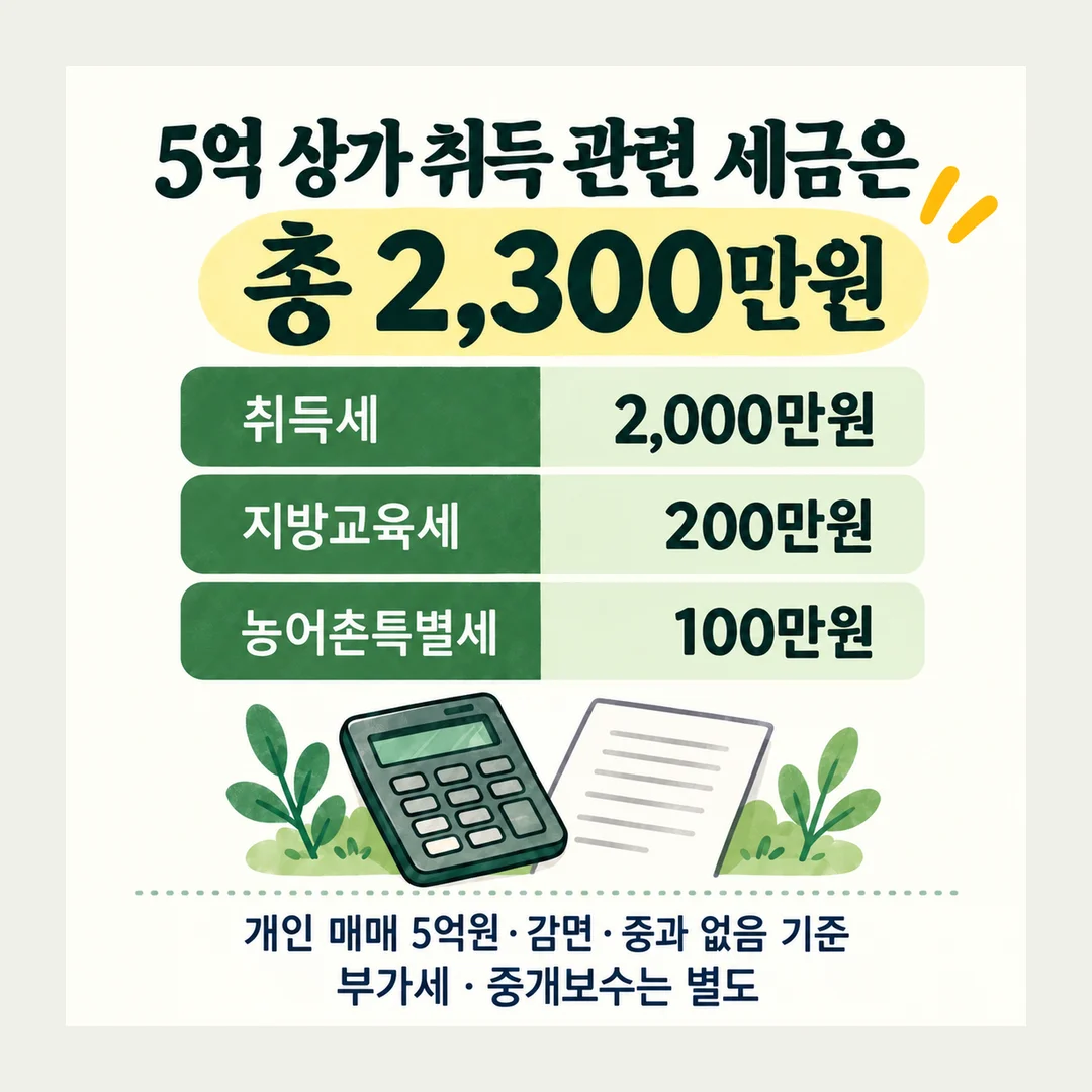 5억 상가 취득 관련 세금은 총 2,300만원 취득세 2,000만원 지방교육세 200만원 농어촌특별세 100만원 개인 매매 5억원·감면·중과 없음 기준 부가세·중개보수는 별도
