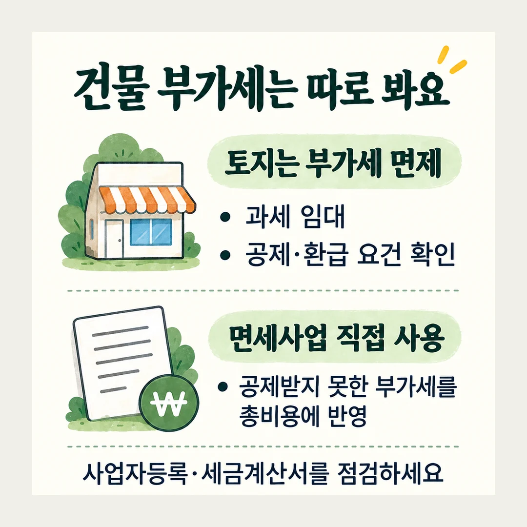 건물 부가세는 따로 봐요 토지는 부가세 면제 과세 임대 공제·환급 요건 확인 면세사업 직접 사용 공제받지 못한 부가세를 총비용에 반영 사업자등록·세금계산서를 점검하세요