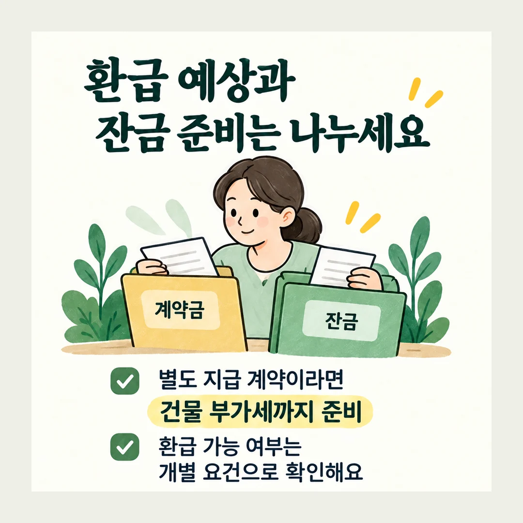 환급 예상과 잔금 준비는 나누세요 계약금 잔금 별도 지급 계약이라면 건물 부가세까지 준비 환급 가능 여부는 개별 요건으로 확인해요