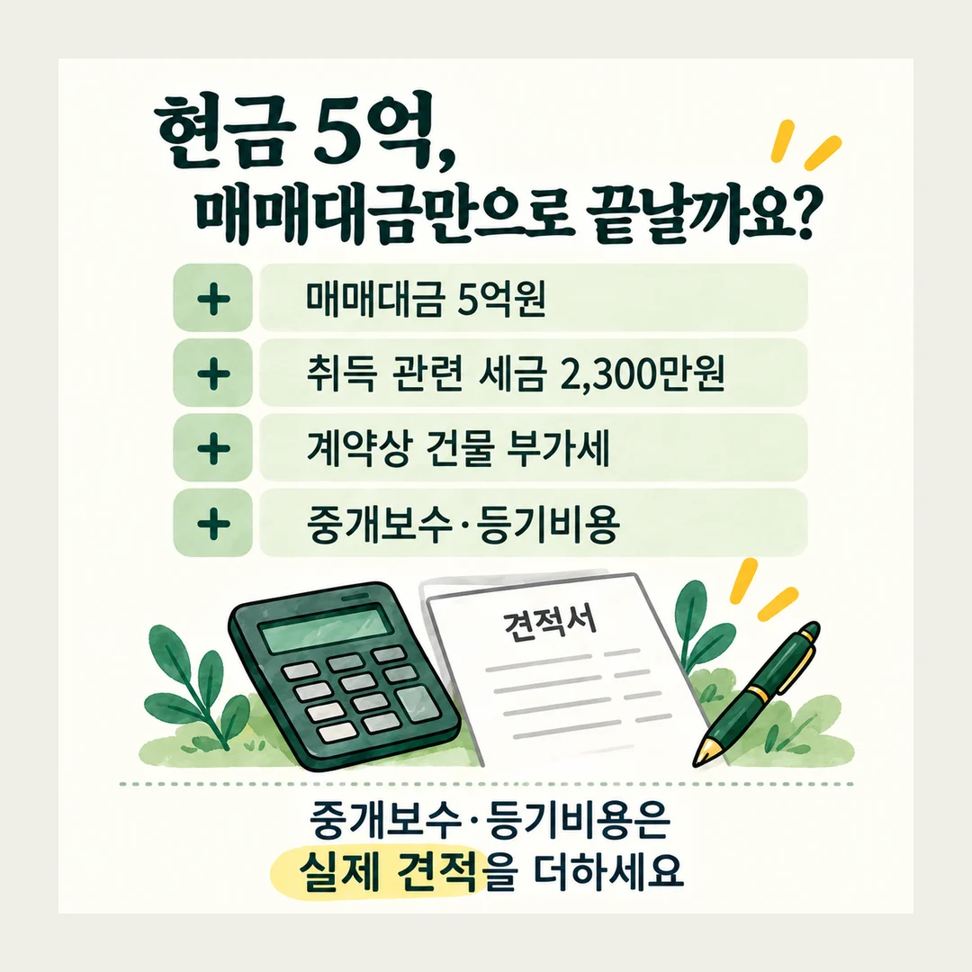 현금 5억, 매매대금만으로 끝날까요? 매매대금 5억원 취득 관련 세금 2,300만원 계약상 건물 부가세 중개보수·등기비용 견적서 중개보수·등기비용은 실제 견적을 더하세요