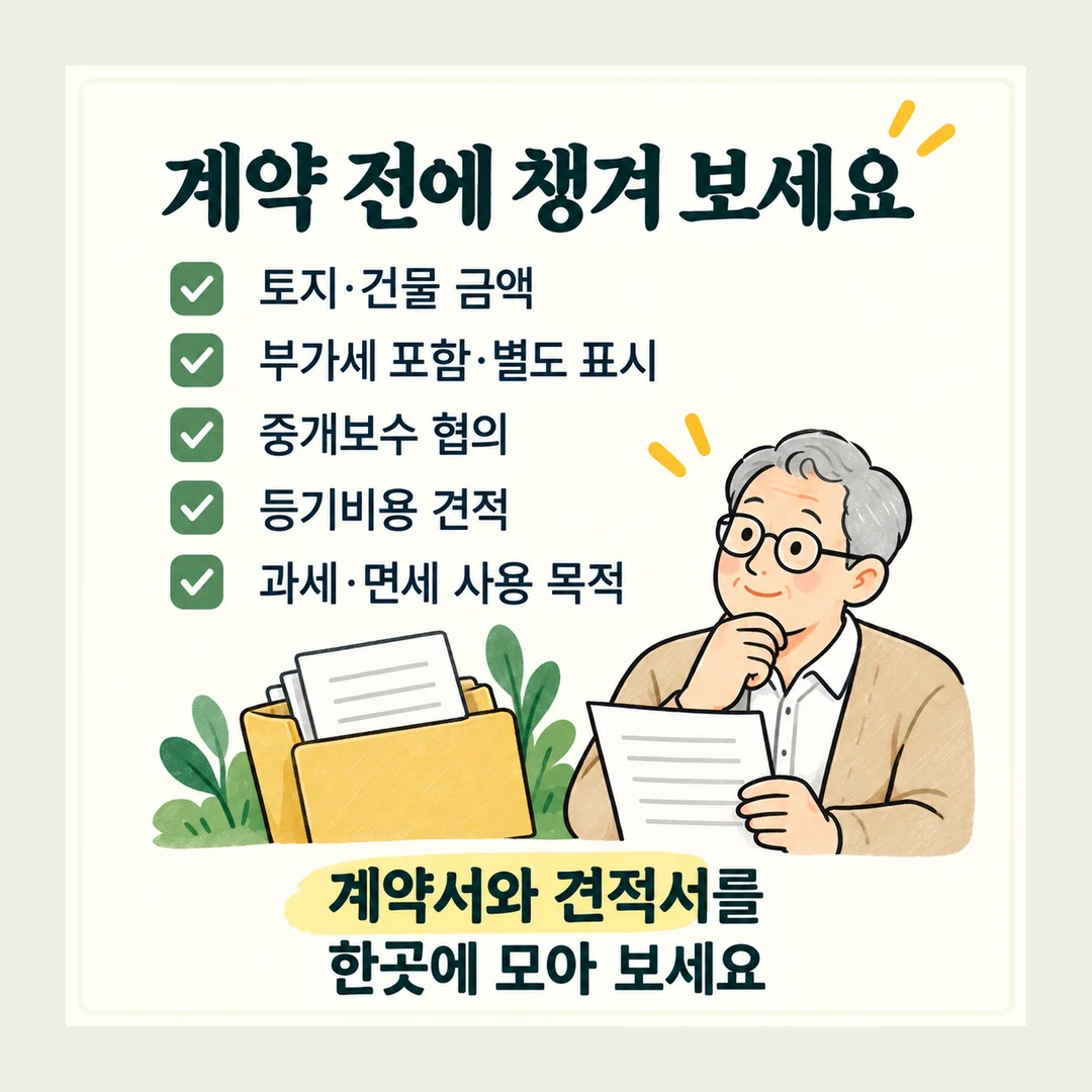 계약 전에 챙겨 보세요 토지·건물 금액 부가세 포함·별도 표시 중개보수 협의 등기비용 견적 과세·면세 사용 목적 계약서와 견적서를 한곳에 모아 보세요