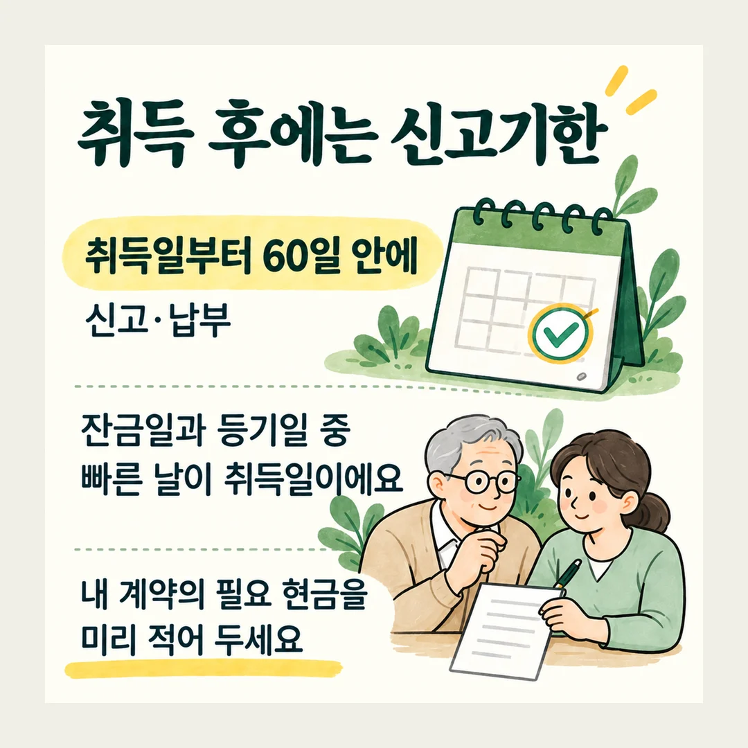 취득 후에는 신고기한 취득일부터 60일 안에 신고·납부 잔금일과 등기일 중 빠른 날이 취득일이에요 내 계약의 필요 현금을 미리 적어 두세요