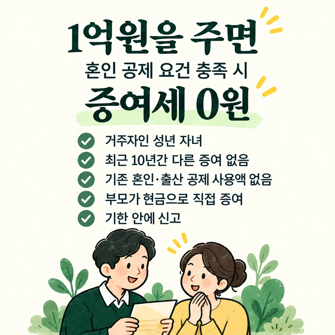 1억원을 주면 혼인 공제 요건 충족 시 증여세 0원 거주자인 성년 자녀 최근 10년간 다른 증여 없음 기존 혼인·출산 공제 사용액 없음 부모가 현금으로 직접 증여 기한 안에 신고