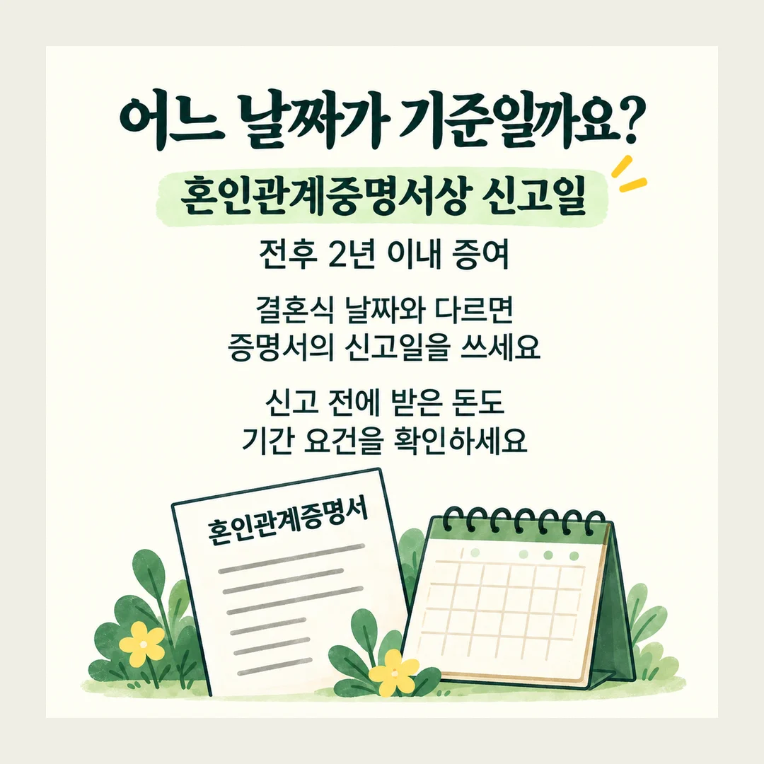 어느 날짜가 기준일까요? 혼인관계증명서상 신고일 전후 2년 이내 증여 결혼식 날짜와 다르면 증명서의 신고일을 쓰세요 신고 전에 받은 돈도 기간 요건을 확인하세요 혼인관계증명서