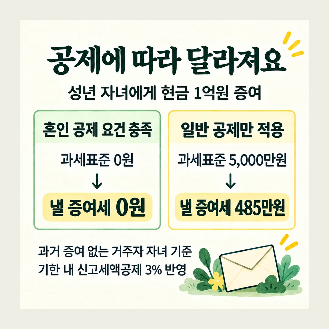 공제에 따라 달라져요 성년 자녀에게 현금 1억원 증여 혼인 공제 요건 충족 과세표준 0원 낼 증여세 0원 일반 공제만 적용 과세표준 5,000만원 낼 증여세 485만원 과거 증여 없는 거주자 자녀 기준 기한 내 신고세액공제 3% 반영