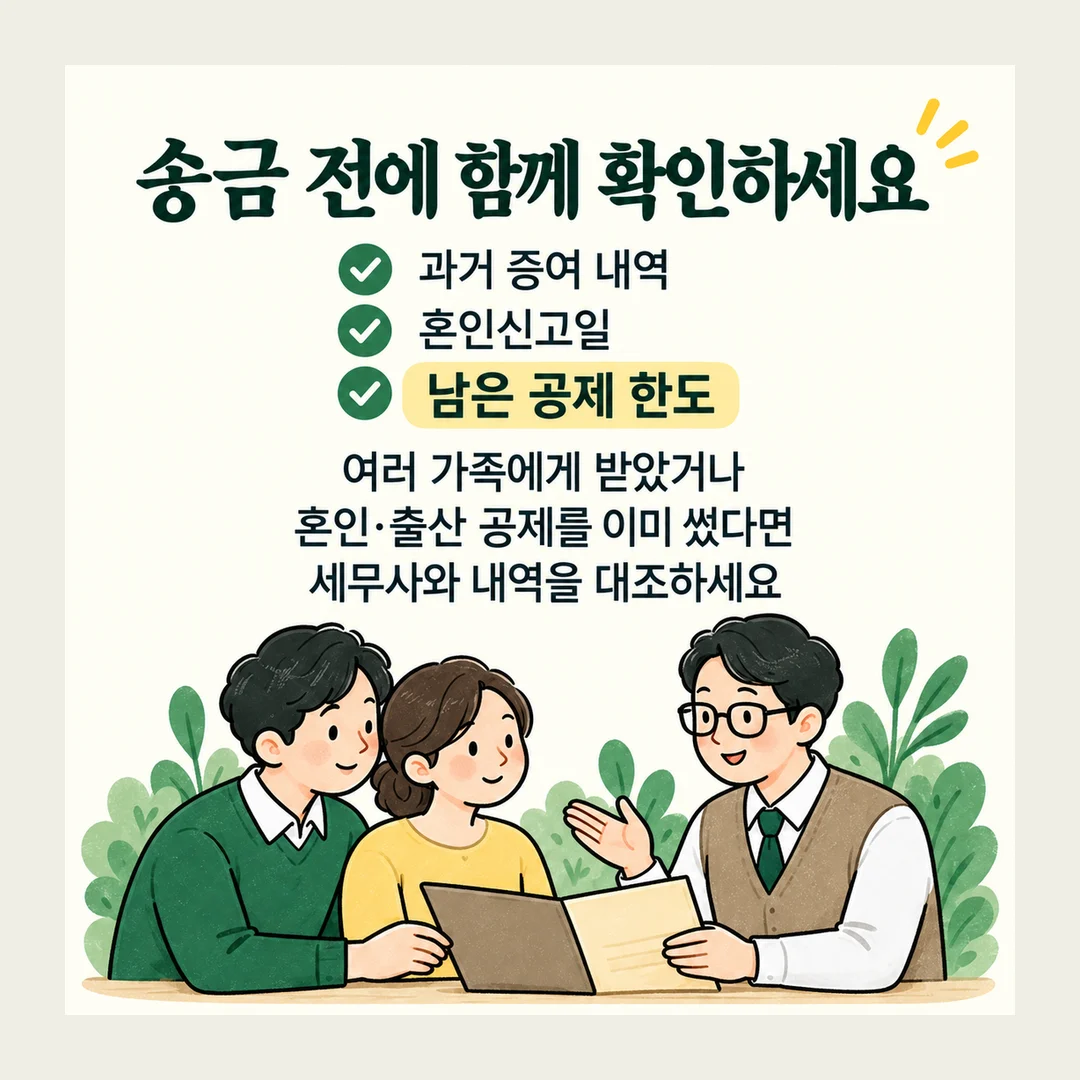 송금 전에 함께 확인하세요 과거 증여 내역 혼인신고일 남은 공제 한도 여러 가족에게 받았거나 혼인·출산 공제를 이미 썼다면 세무사와 내역을 대조하세요