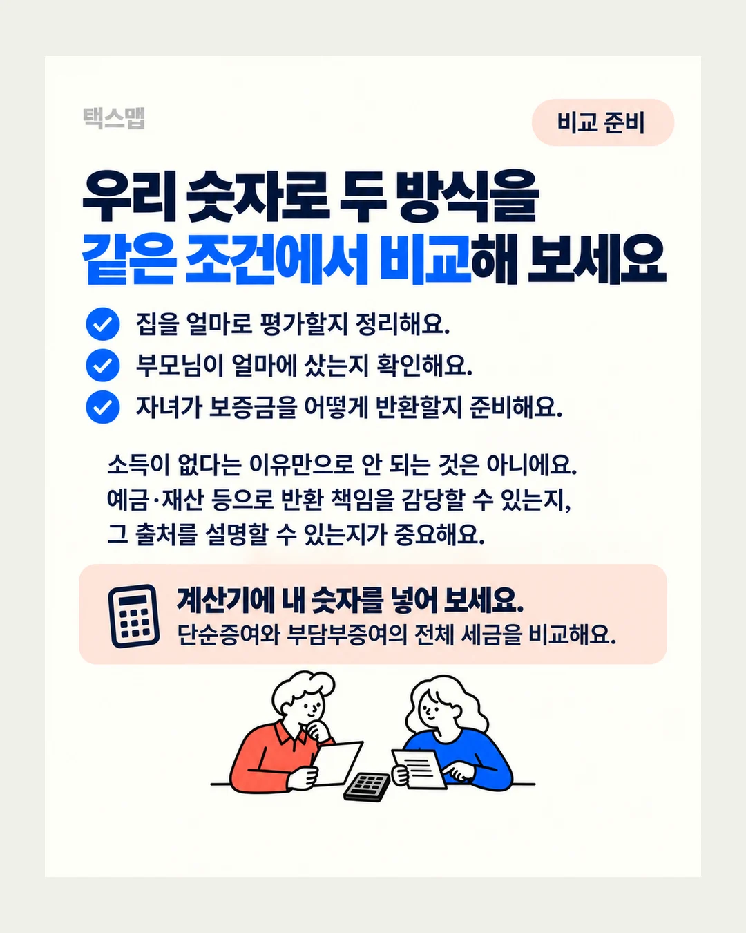 택스맵 비교 준비 우리 숫자로 두 방식을 같은 조건에서 비교해 보세요 집을 얼마로 평가할지 정리해요. 부모님이 얼마에 샀는지 확인해요. 자녀가 보증금을 어떻게 반환할지 준비해요. 소득이 없다는 이유만으로 안 되는 것은 아니에요. 예금·재산 등으로 반환 책임을 감당할 수 있는지, 그 출처를 설명할 수 있는지가 중요해요. 계산기에 내 숫자를 넣어 보세요. 단순증여와 부담부증여의 전체 세금을 비교해요.