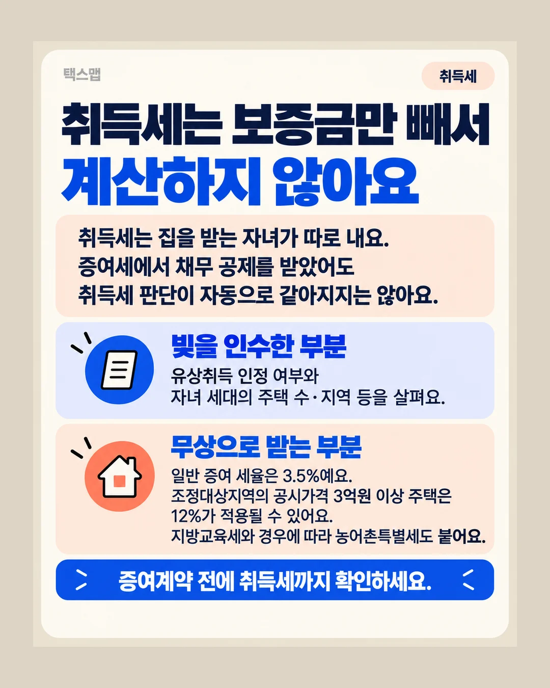 취득세는 보증금만 빼서 계산하지 않아요 취득세는 집을 받는 자녀가 따로 내요. 증여세에서 채무 공제를 받았어도 취득세 판단이 자동으로 같아지지는 않아요. 빚을 인수한 부분 유상취득 인정 여부와 자녀 세대의 주택 수·지역 등을 살펴요. 무상으로 받는 부분 일반 증여 세율은 3.5%예요. 조정대상지역의 공시가격 3억원 이상 주택은 12%가 적용될 수 있어요. 지방교육세와 경우에 따라 농어촌특별세도 붙어요. 증여계약 전에 취득세까지 확인하세요.