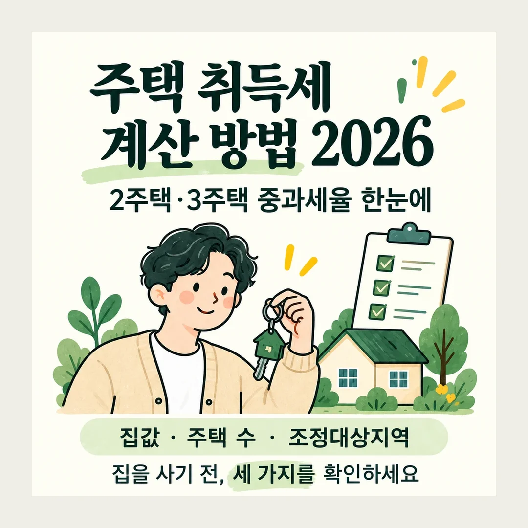 주택 취득세 계산 방법 2026 2주택·3주택 중과세율 한눈에 집값 · 주택 수 · 조정대상지역 집을 사기 전, 세 가지를 확인하세요