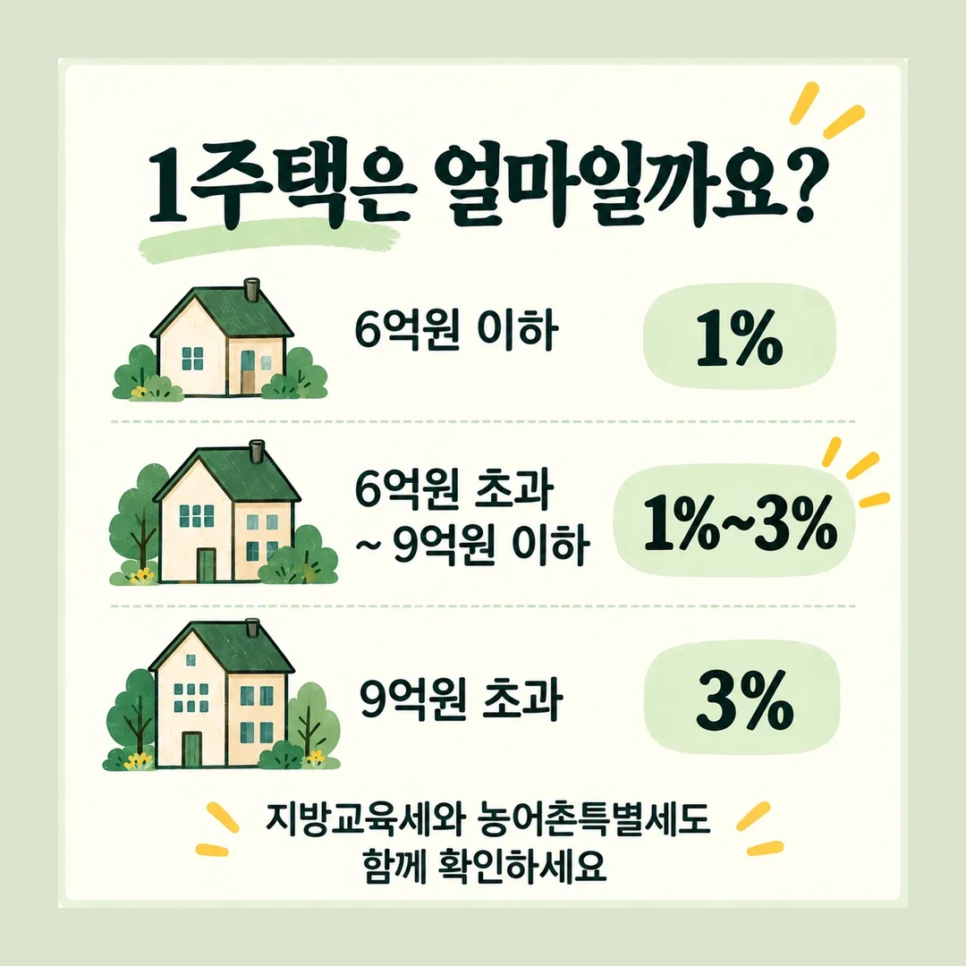 1주택은 얼마일까요? 6억원 이하 1% 6억원 초과 ~ 9억원 이하 1%~3% 9억원 초과 3% 지방교육세와 농어촌특별세도 함께 확인하세요