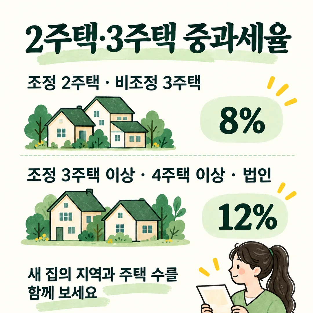 2주택·3주택 중과세율 조정 2주택 · 비조정 3주택 8% 조정 3주택 이상 · 4주택 이상 · 법인 12% 새 집의 지역과 주택 수를 함께 보세요