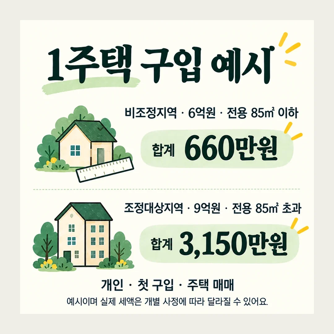 1주택 구입 예시 비조정지역 · 6억원 · 전용 85㎡ 이하 합계 660만원 조정대상지역 · 9억원 · 전용 85㎡ 초과 합계 3,150만원 개인 · 첫 구입 · 주택 매매 예시이며 실제 세액은 개별 사정에 따라 달라질 수 있어요