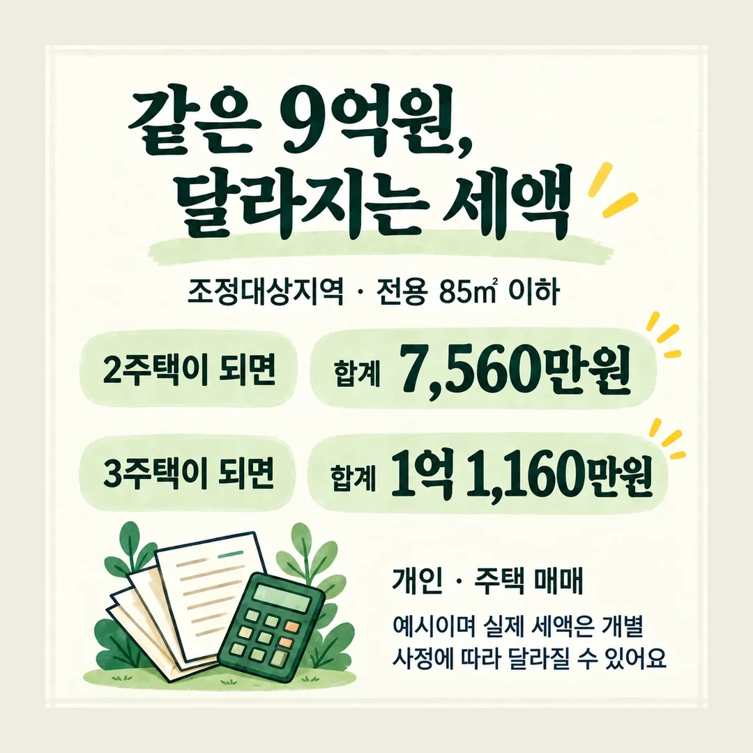 같은 9억원, 달라지는 세액 조정대상지역 · 전용 85㎡ 이하 2주택이 되면 합계 7,560만원 3주택이 되면 합계 1억 1,160만원 개인 · 주택 매매 예시이며 실제 세액은 개별 사정에 따라 달라질 수 있어요