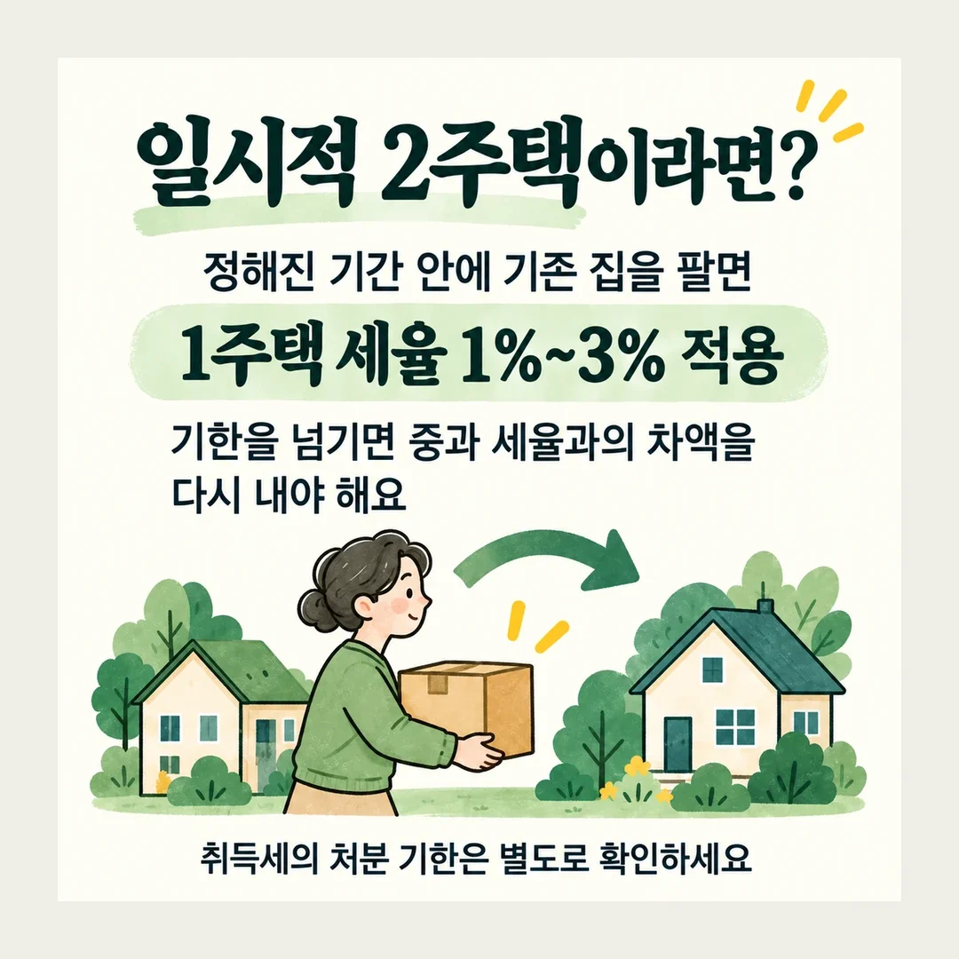일시적 2주택이라면? 정해진 기간 안에 기존 집을 팔면 1주택 세율 1%~3% 적용 기한을 넘기면 중과 세율과의 차액을 다시 내야 해요 취득세의 처분 기한은 별도로 확인하세요