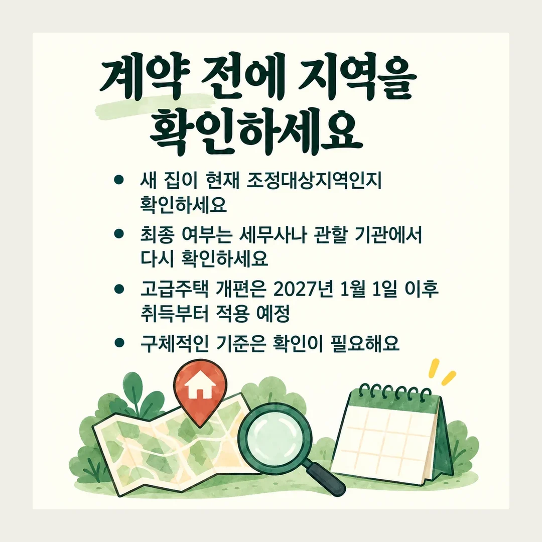계약 전에 지역을 확인하세요 새 집이 현재 조정대상지역인지 확인하세요 최종 여부는 세무사나 관할 기관에서 다시 확인하세요 고급주택 개편은 2027년 1월 1일 이후 취득부터 적용 예정 구체적인 기준은 확인이 필요해요