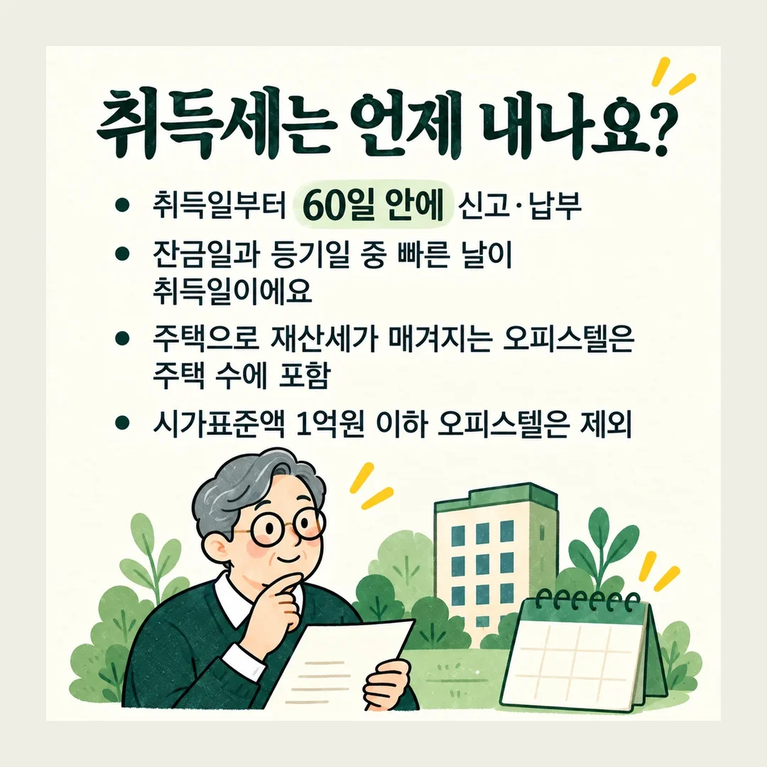 취득세는 언제 내나요? 취득일부터 60일 안에 신고·납부 잔금일과 등기일 중 빠른 날이 취득일이에요 주택으로 재산세가 매겨지는 오피스텔은 주택 수에 포함 시가표준액 1억원 이하 오피스텔은 제외