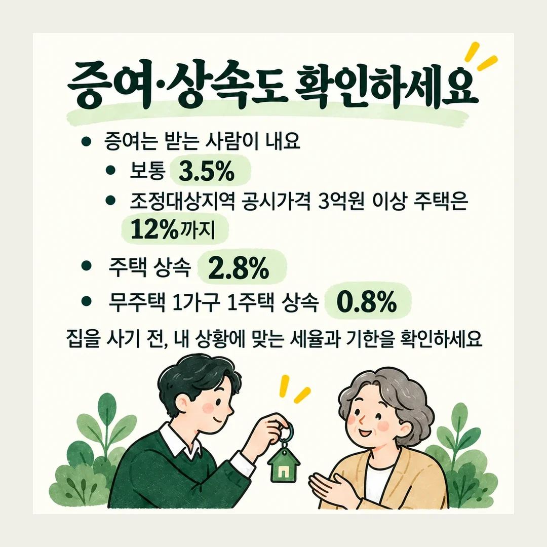 증여·상속도 확인하세요 증여는 받는 사람이 내요 보통 3.5% 조정대상지역 공시가격 3억원 이상 주택은 12%까지 주택 상속 2.8% 무주택 1가구 1주택 상속 0.8% 집을 사기 전, 내 상황에 맞는 세율과 기한을 확인하세요