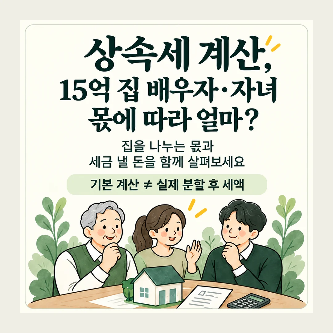상속세 계산, 15억 집 배우자·자녀 몫에 따라 얼마? 집을 나누는 몫과 세금 낼 돈을 함께 살펴보세요 기본 계산 ≠ 실제 분할 후 세액