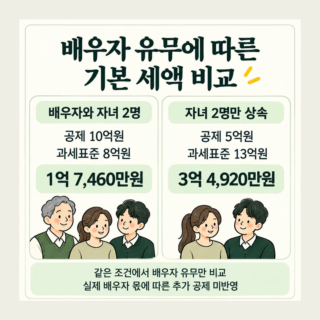 배우자 유무에 따른 기본 세액 비교 배우자와 자녀 2명 공제 10억원 과세표준 8억원 1억 7,460만원 자녀 2명만 상속 공제 5억원 과세표준 13억원 3억 4,920만원 같은 조건에서 배우자 유무만 비교 실제 배우자 몫에 따른 추가 공제 미반영