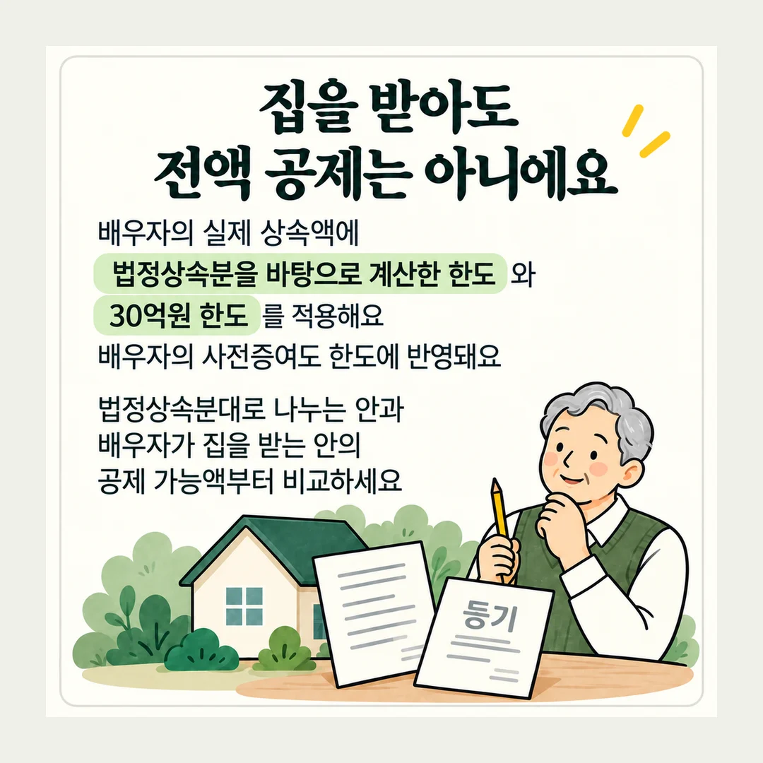 집을 받아도 전액 공제는 아니에요 배우자의 실제 상속액에 법정상속분을 바탕으로 계산한 한도와 30억원 한도를 적용해요 배우자의 사전증여도 한도에 반영돼요 법정상속분대로 나누는 안과 배우자가 집을 받는 안의 공제 가능액부터 비교하세요 등기