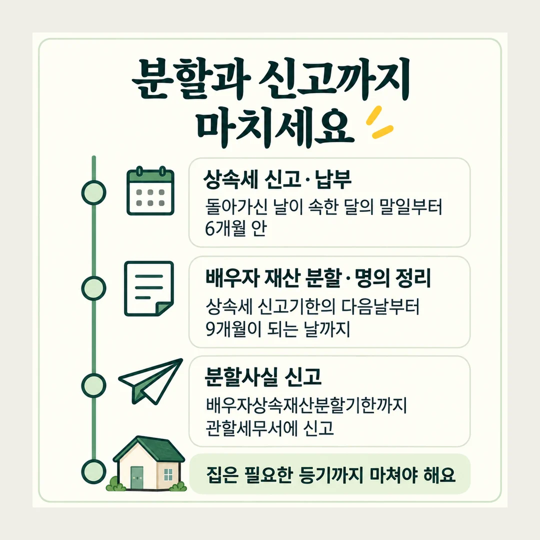 분할과 신고까지 마치세요 상속세 신고·납부 돌아가신 날이 속한 달의 말일부터 6개월 안 배우자 재산 분할·명의 정리 상속세 신고기한의 다음날부터 9개월이 되는 날까지 분할사실 신고 배우자상속재산분할기한까지 관할세무서에 신고 집은 필요한 등기까지 마쳐야 해요