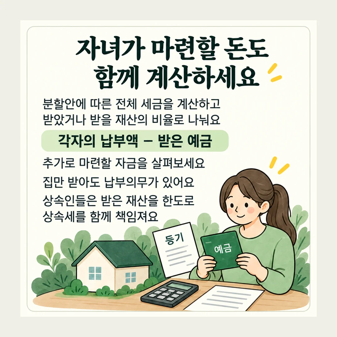 자녀가 마련할 돈도 함께 계산하세요 분할안에 따른 전체 세금을 계산하고 받았거나 받을 재산의 비율로 나눠요 각자의 납부액 − 받은 예금 추가로 마련할 자금을 살펴보세요 집만 받아도 납부의무가 있어요 상속인들은 받은 재산을 한도로 상속세를 함께 책임져요 등기 예금