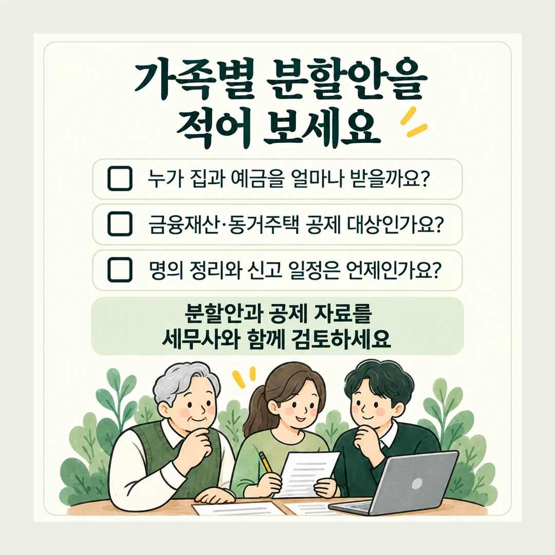 가족별 분할안을 적어 보세요 누가 집과 예금을 얼마나 받을까요? 금융재산·동거주택 공제 대상인가요? 명의 정리와 신고 일정은 언제인가요? 분할안과 공제 자료를 세무사와 함께 검토하세요