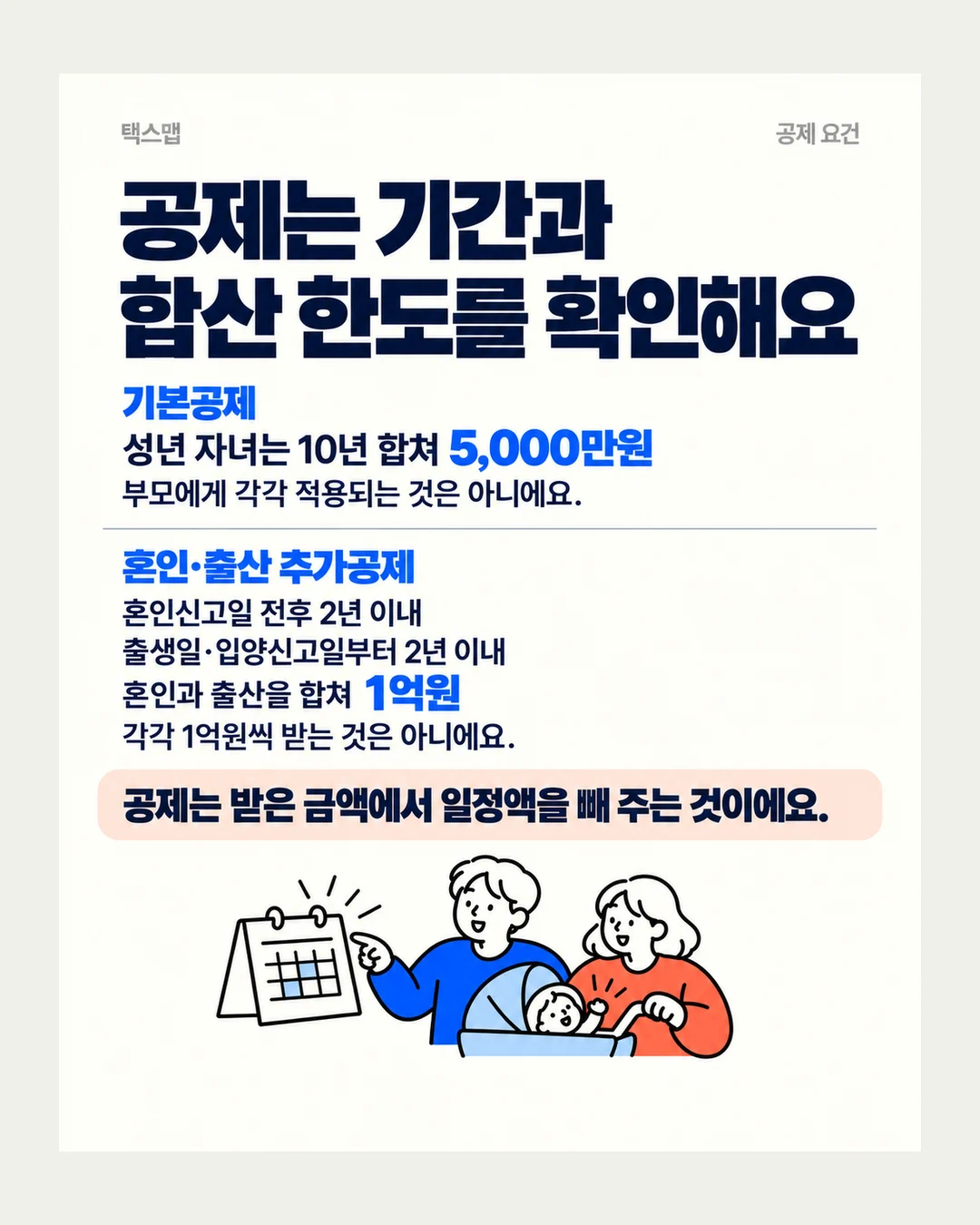 택스맵 공제 요건 공제는 기간과 합산 한도를 확인해요 기본공제 성년 자녀는 10년 합쳐 5,000만원 부모에게 각각 적용되는 것은 아니에요. 혼인·출산 추가공제 혼인신고일 전후 2년 이내 출생일·입양신고일부터 2년 이내 혼인과 출산을 합쳐 1억원 각각 1억원씩 받는 것은 아니에요. 공제는 받은 금액에서 일정액을 빼 주는 것이에요.