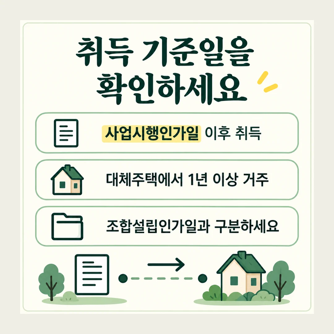 취득 기준일을 확인하세요 사업시행인가일 이후 취득 대체주택에서 1년 이상 거주 조합설립인가일과 구분하세요