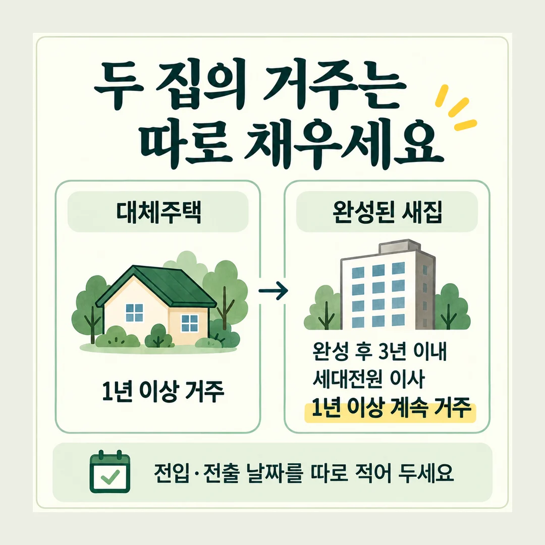 두 집의 거주는 따로 채우세요 대체주택 1년 이상 거주 완성된 새집 완성 후 3년 이내 세대전원 이사 1년 이상 계속 거주 전입·전출 날짜를 따로 적어 두세요