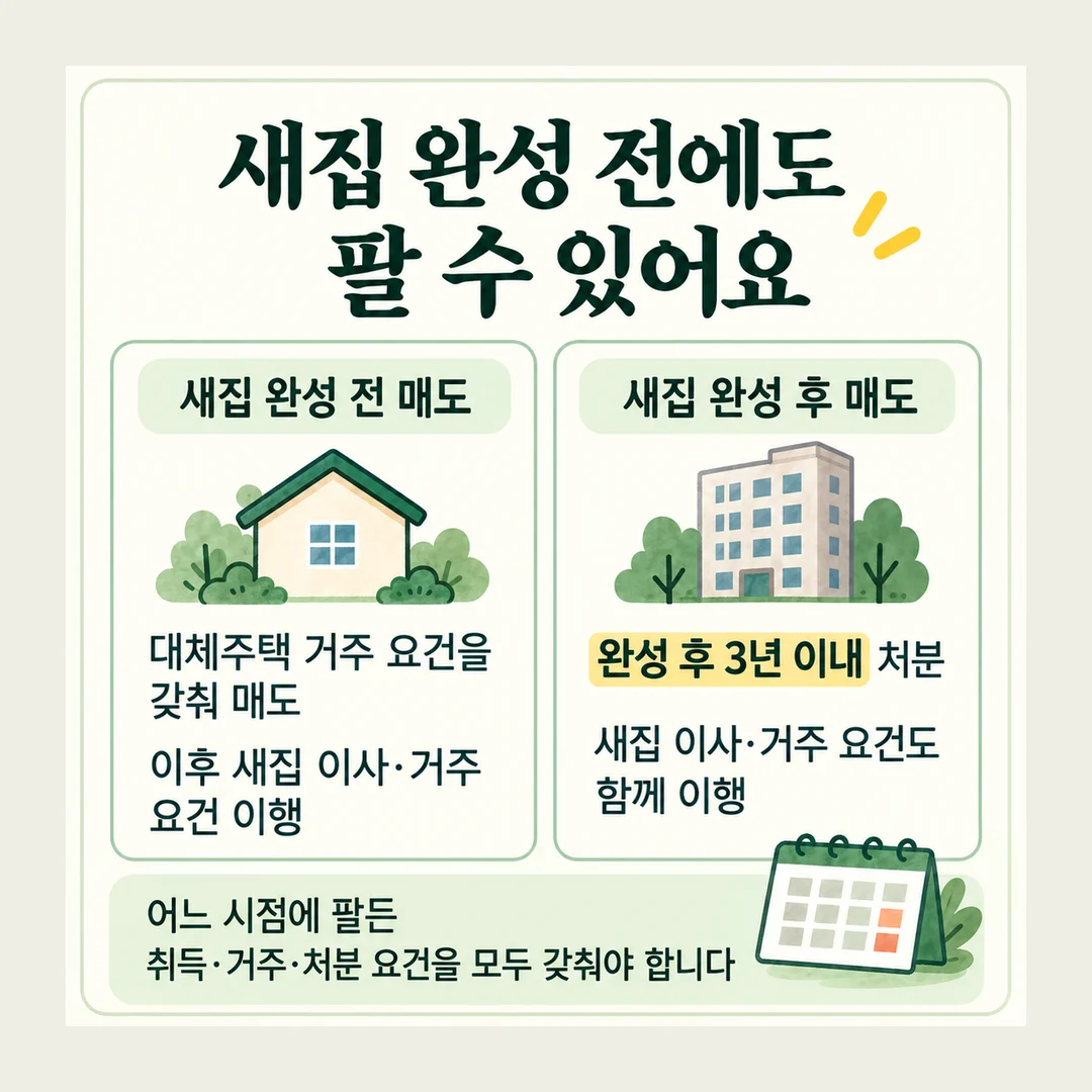 새집 완성 전에도 팔 수 있어요 새집 완성 전 매도 대체주택 거주 요건을 갖춰 매도 이후 새집 이사·거주 요건 이행 새집 완성 후 매도 완성 후 3년 이내 처분 새집 이사·거주 요건도 함께 이행 어느 시점에 팔든 취득·거주·처분 요건을 모두 갖춰야 합니다
