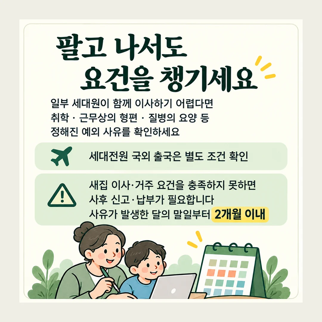 팔고 나서도 요건을 챙기세요 일부 세대원이 함께 이사하기 어렵다면 취학 · 근무상의 형편 · 질병의 요양 등 정해진 예외 사유를 확인하세요 세대전원 국외 출국은 별도 조건 확인 새집 이사·거주 요건을 충족하지 못하면 사후 신고·납부가 필요합니다 사유가 발생한 달의 말일부터 2개월 이내