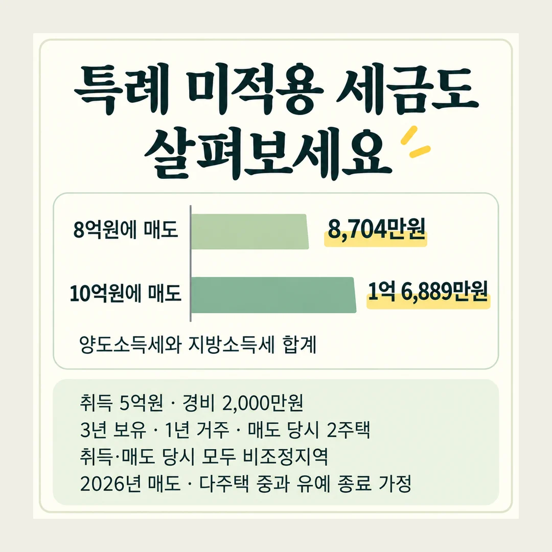 특례 미적용 세금도 살펴보세요 8억원에 매도 8,704만원 10억원에 매도 1억 6,889만원 양도소득세와 지방소득세 합계 취득 5억원 · 경비 2,000만원 3년 보유 · 1년 거주 · 매도 당시 2주택 취득·매도 당시 모두 비조정지역 2026년 매도 · 다주택 중과 유예 종료 가정