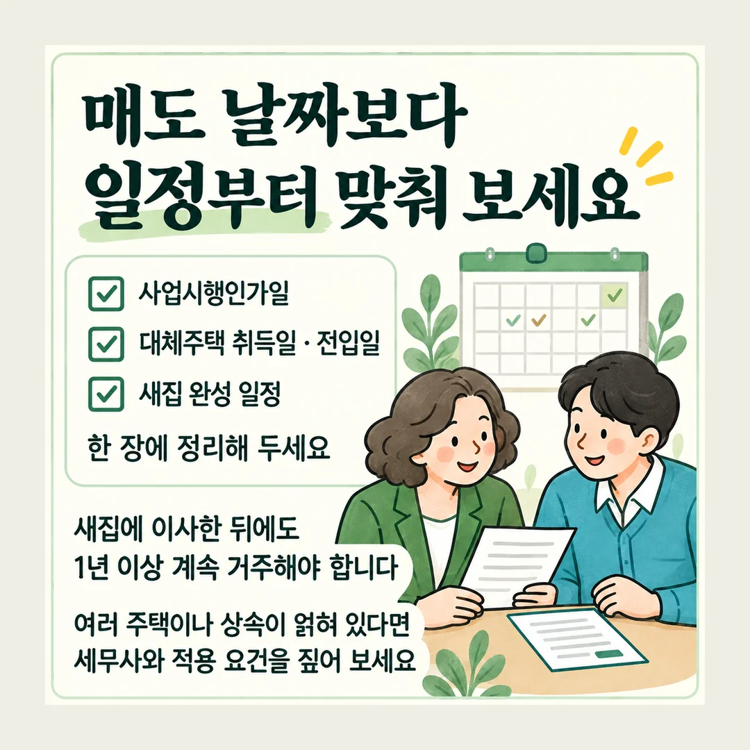 매도 날짜보다 일정부터 맞춰 보세요 사업시행인가일 대체주택 취득일 · 전입일 새집 완성 일정 한 장에 정리해 두세요 새집에 이사한 뒤에도 1년 이상 계속 거주해야 합니다 여러 주택이나 상속이 얽혀 있다면 세무사와 적용 요건을 짚어 보세요
