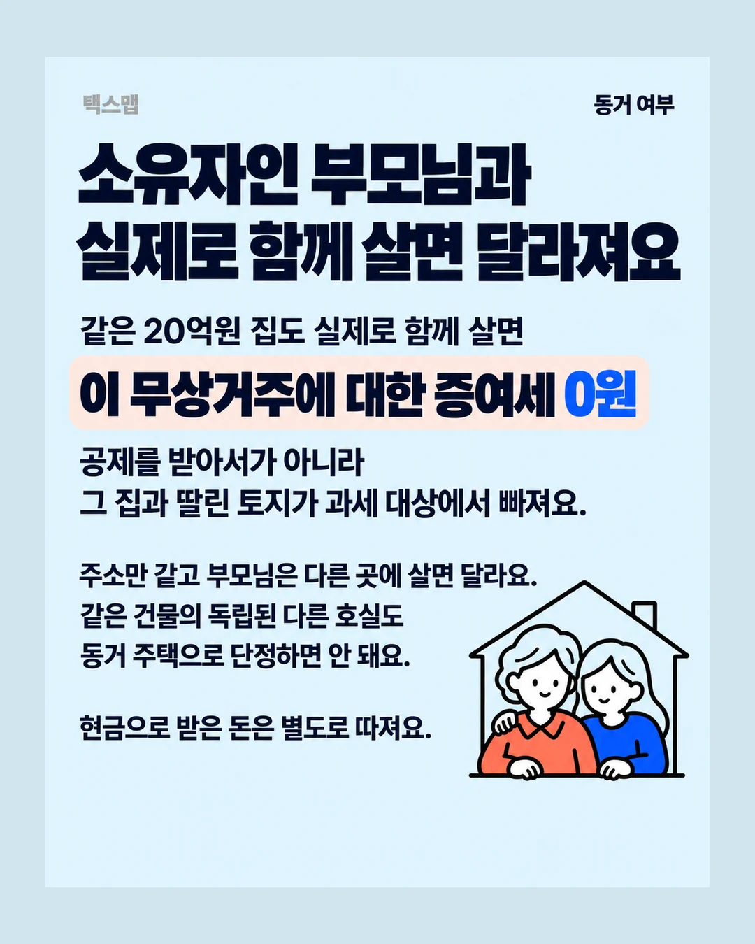 택스맵 동거 여부 소유자인 부모님과 실제로 함께 살면 달라져요 같은 20억원 집도 실제로 함께 살면 이 무상거주에 대한 증여세 0원 공제를 받아서가 아니라 그 집과 딸린 토지가 과세 대상에서 빠져요. 주소만 같고 부모님은 다른 곳에 살면 달라요. 같은 건물의 독립된 다른 호실도 동거 주택으로 단정하면 안 돼요. 현금으로 받은 돈은 별도로 따져요.